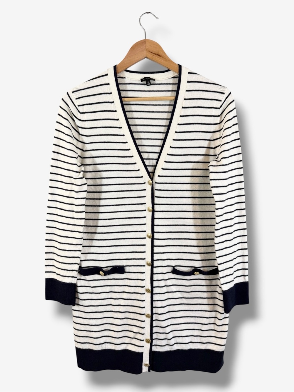 Talbots Cardigan Blue Ivory Nautical Stripe Size M Cotton Cashmere Preppy Casual